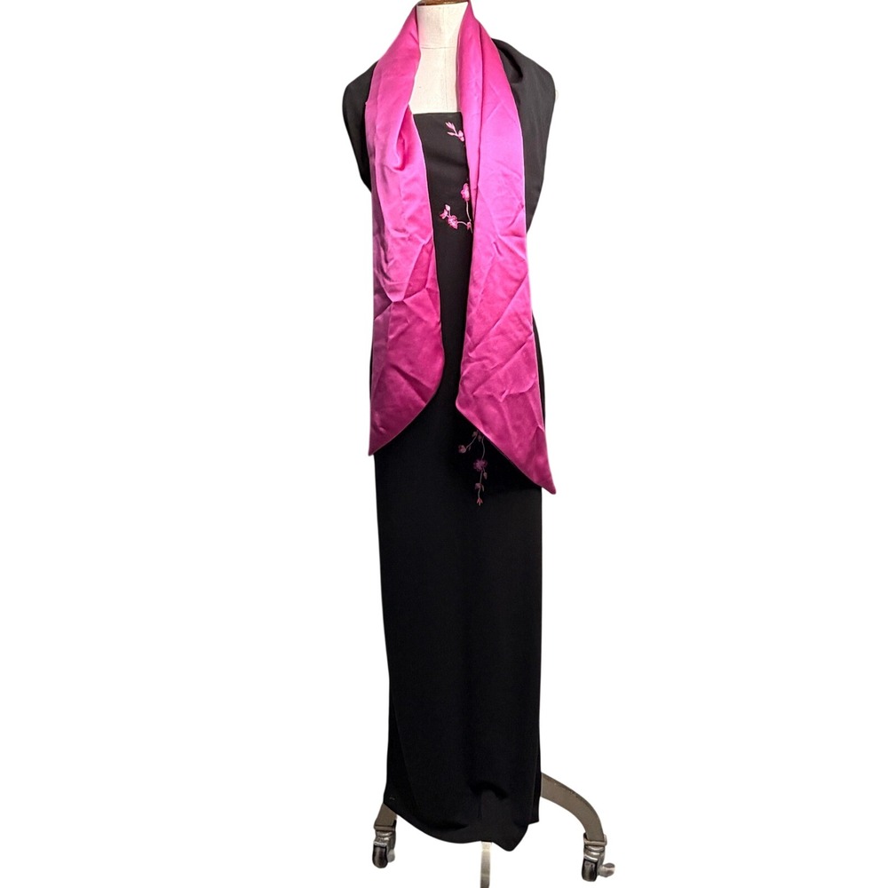 Vtg Arianna by Rachel Kaye Maxi Dress 14 Black Pink Floral Gown Shawl NWT